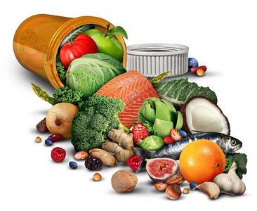 天然药物补充维生素药物作为药瓶,在营养产品中装有水果蔬菜坚果和